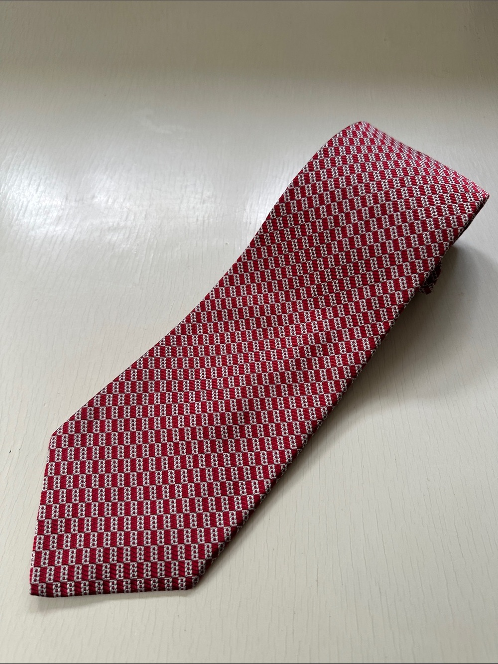 Vintage 90s Y2K Tom James Patterned Necktie Metallic Red Silver